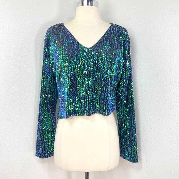 Fashion Green Blue Sequin Halter Top Long Sleeves Small Raw Hem Relaxed Party - Picture 1 of 13